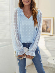 Swiss Dot Pattern Lantern Sleeve V Neck Top Fashion Blouses