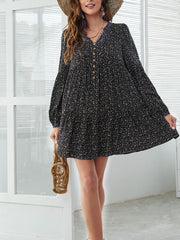 Floral Pattern Button Up Lantern Sleeve Dress