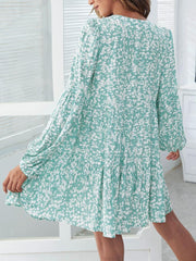 Floral Pattern Button Up Lantern Sleeve Dress