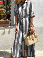 Street Striped Split Joint Turndown Collar Shirt Dress Maxi Dresses