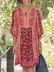 Floral Printed bohomia v-neck loose shift dresses
