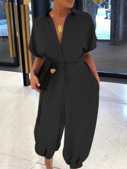 Stylish short sleeve high waist loose wide leg girdle plain jumpsuits