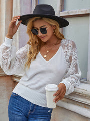 V neck lace design women white sweaters
