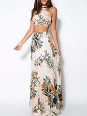 Floral Print Crop Top and Long Skirt Set