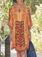 Floral Printed bohomia v-neck loose shift dresses