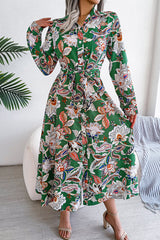 Floral Frenulum Buckle Turndown Collar One Step Skirt Dresses Maxi Dresses