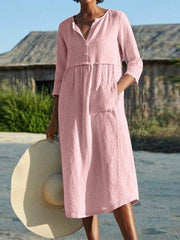 High-Twist Linen V Neck Solid Holiday Buttoned Dresses