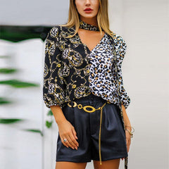 V Neck Leopard Patchwork Blouses