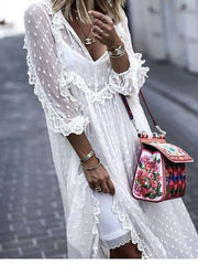 Stylish Casual Lace Gored V neck Long sleeve Maxi Dresses