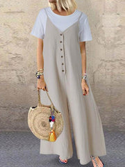 Loose button sleeveless long jumpsuits