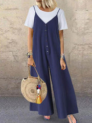 Loose button sleeveless long jumpsuits