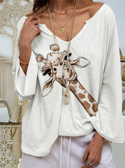 V neck Giraffe Printed Long Sleeve Fashion T-shirts for Spring