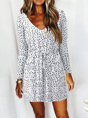 Stylish v neck tie waist printed women long sleeve bodycon dresses