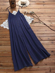 Loose button sleeveless long jumpsuits