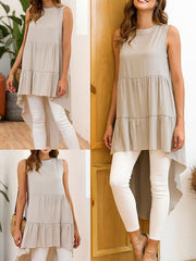Fashion Round neck sleeveless plain irregular hem T-shirts