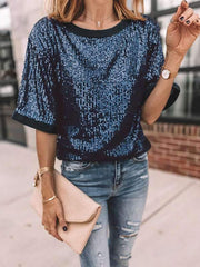 Summer patchwork short sleeve sequined top T-shirts