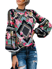 High Neck Long Sleeve Shirt Flower Printed Slim Blouses