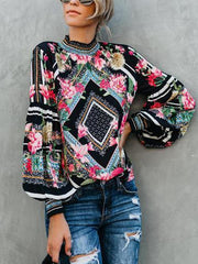 High Neck Long Sleeve Shirt Flower Printed Slim Blouses
