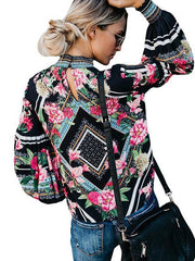 High Neck Long Sleeve Shirt Flower Printed Slim Blouses