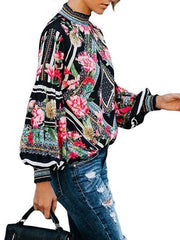 High Neck Long Sleeve Shirt Flower Printed Slim Blouses