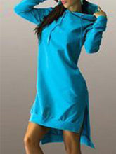 Hooded Asymmetric Hem Drawstring Plain Casual Dresses
