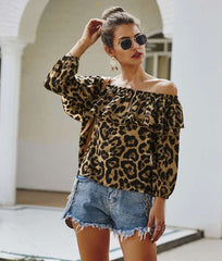 Stylish Leopard print One shoulder Long sleeve Falbala T-Shirts
