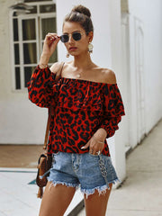 Stylish Leopard print One shoulder Long sleeve Falbala T-Shirts