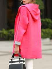 Hooded Patch Pocket Woolen Color Block Coat