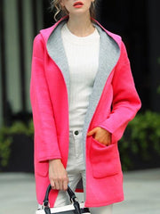 Hooded Patch Pocket Woolen Color Block Coat