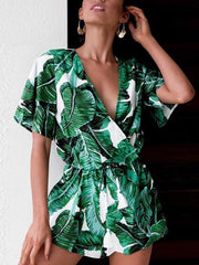Floral Deep V-neck Waisted Romper