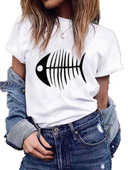 Fishbone print short-sleeved round neck T-shirts tops