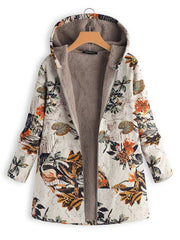 Floral Long Sleeve Hoodie Pockets Winter Plus Size Coat