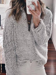 Suede Long Sleeve Half Front Zip Neckline Fashion Sweatshirts