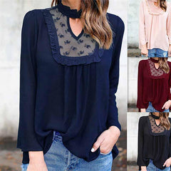 High Neck Hollow Out Patchwork Plain Blouses