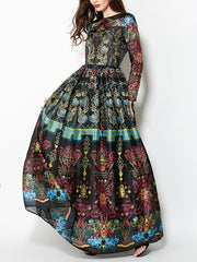 Long Sleeve Round Neck Black Printed Chiffon Maxi Long Dress Evening Dress