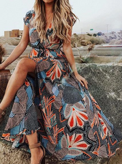 Florcoo Bohemian V Neck Printed Maxi Dresses