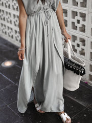 Gray Plunge Drawstring Waist Thigh Split Chic Women Maxi Dress