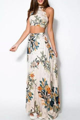 Floral Print Crop Top and Long Skirt Set
