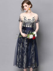 Tulle Embroidery O-Neck Short Sleeves Maxi Dresses