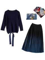Knitting Autumn Winter Blue Elegant Two Pieces Woman Maxi Dress With Sweater