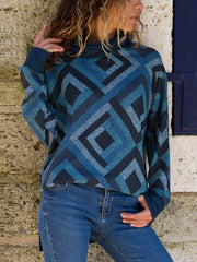 Geometric Printed Casual Long Sleeve High Collar Knitting T-Shirts