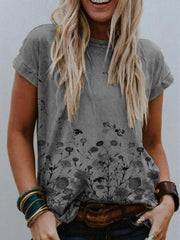 Khaki Simple Round Neck Printed Cotton-Blend Shirts & Tops