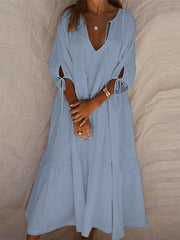 Half Sleeve V Neck Linen Slit Dress