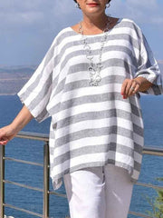 Gray Crew Neck Linen Short Sleeve Striped Shirts & Tops