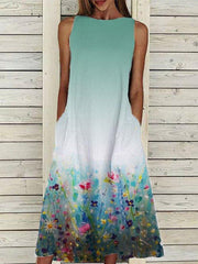 Green A-Line Casual Linen Floral-Print Dresses