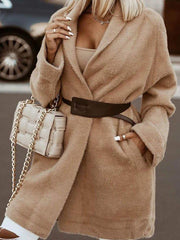 Khaki Shawl Collar Plain Shift Long Sleeve Outerwear