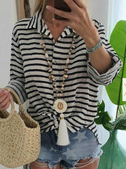 Turn down striped women loose summer Blouses