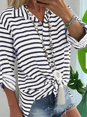 Turn down striped women loose summer Blouses