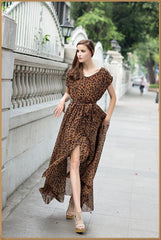 Floral-Printed Short Sleeve Round-neck V-back Floor Dress