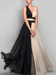 Two-color Sleeveless V-Neck Evening Dress